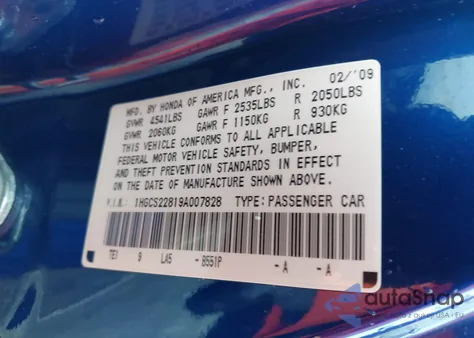 2009 Honda Accord 3.5 Ex-L from USA, damaged, VIN 1HGCS22819A007828